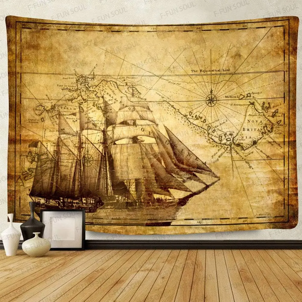 Pirate Treasure Map Tapestry Sailing Ship Vintage Nautical Wall Art Flannel Decor for Living Room Bedroom