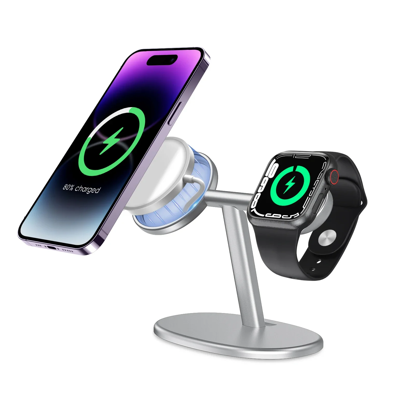 EWA Soporte de escritorio 2 en 1 para teléfono de escritorio para cargador Magsafe para iPhone 16 ~ 12 y Apple Watch series (cargador no incluido)