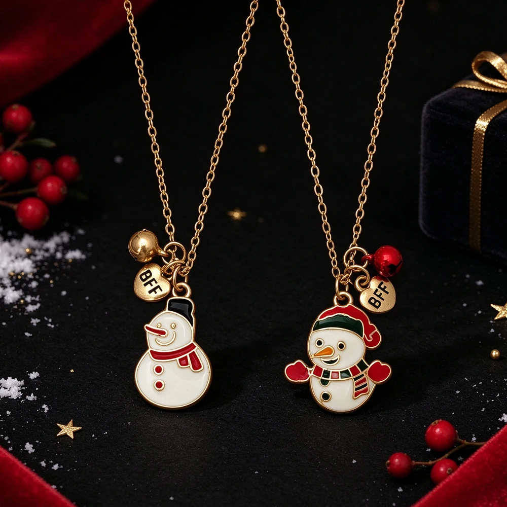 Christmas Snowman Oil Drop Bff Necklace Set Heart Tag Bell Best Friend Clavicle Chain Holiday Gift Accessories Two-Piece Set