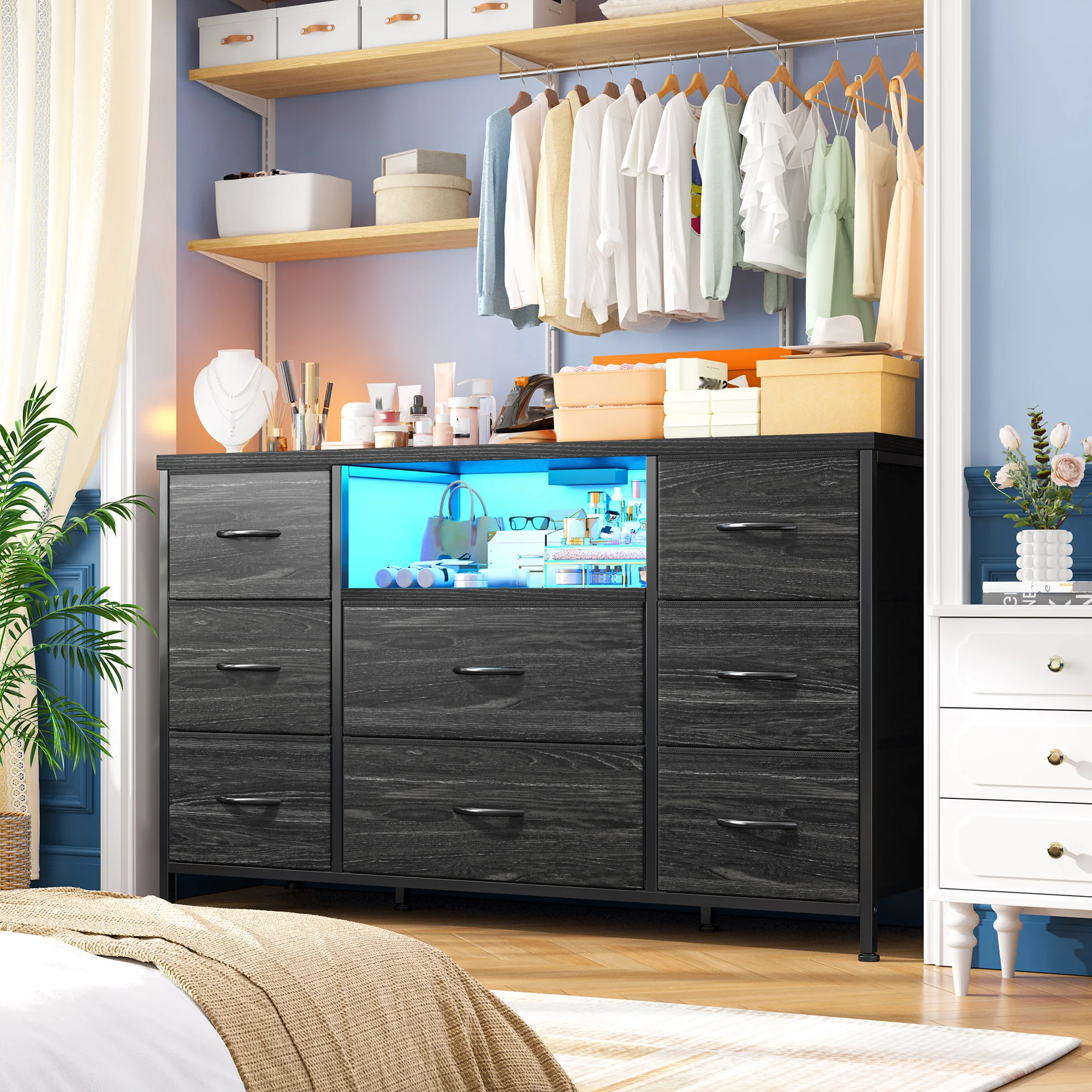 EnHomee 8-Drawer Media Dresser with LED Lighting & Built-in Charging Station - Fabric Storage Cabinet for 55