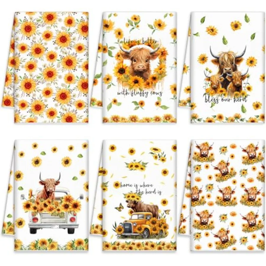 

Набор из 6 кухонных полотенец для крупного рогатого скота, полотенце для посуды Highland Cow, впитывающее полотенце для посуды с подсолнечником, чаем, тряпка для рук, акварель, цветочный домw