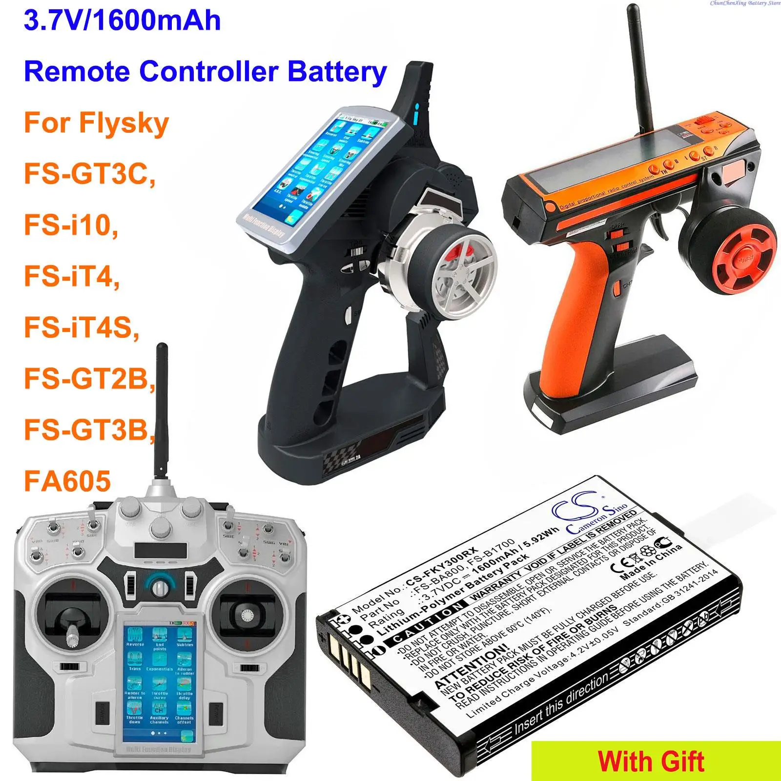 Bateria Cameron Sino para Flysky, FS-B1700, FS-BA800, FS-GT3C, FS-i10, FS-iT4, FS-GT2B, FS-GT3B, FA605, 1600mAh