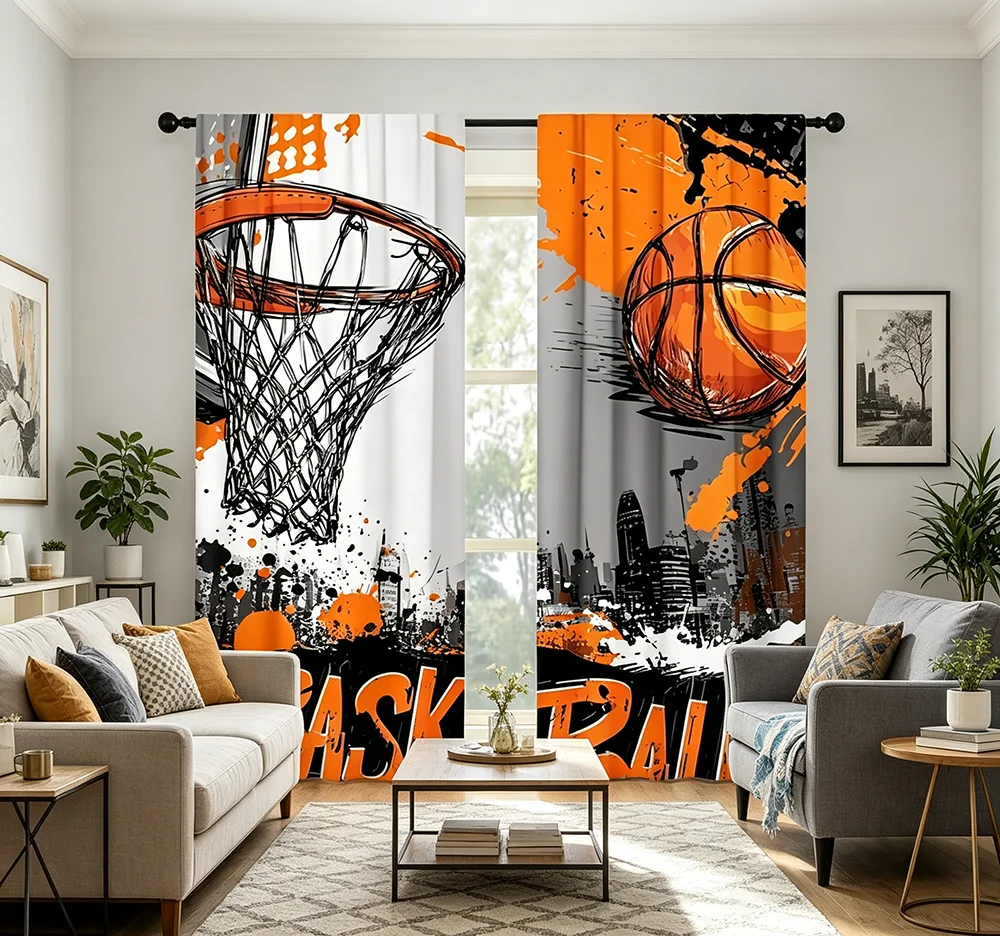 2PCS Digital Printed Curtains, Vibrant Basketball Sports Athletic Active, Rod Pocket Window Drapes for Living Room Bedroom Decor