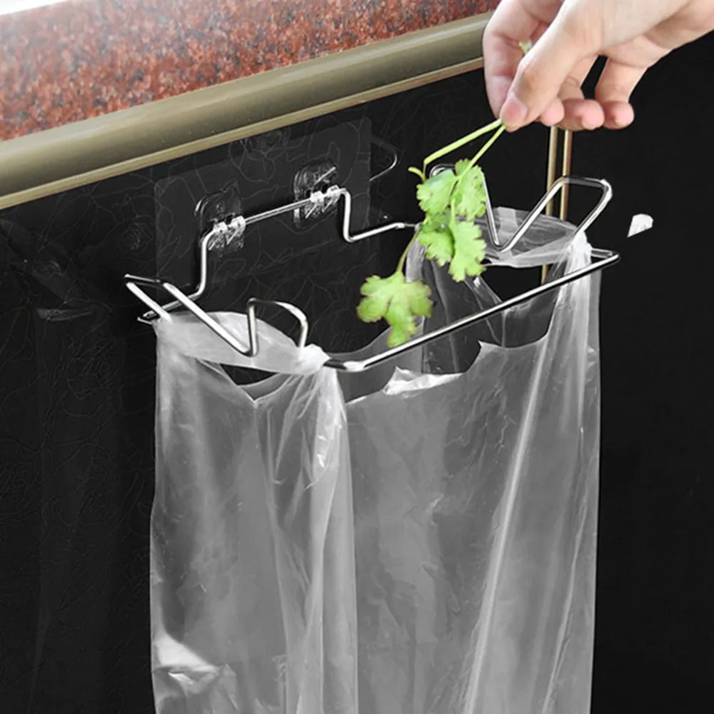 2PCS Stainless Steel Trash Bag Holder With Wall Sticker Base 2.4 x 5.5 x 7.3in Garbage Bag Hanger Hanging Storage Rack