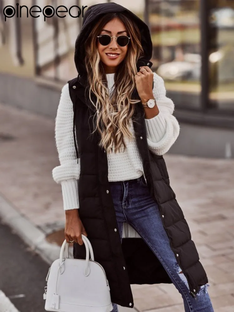 

Women's Long Coat With Hood Autumn Winter Sleeveless Warm Cotton Down Waistcoat Quilted Vest Down Jacket Outwear