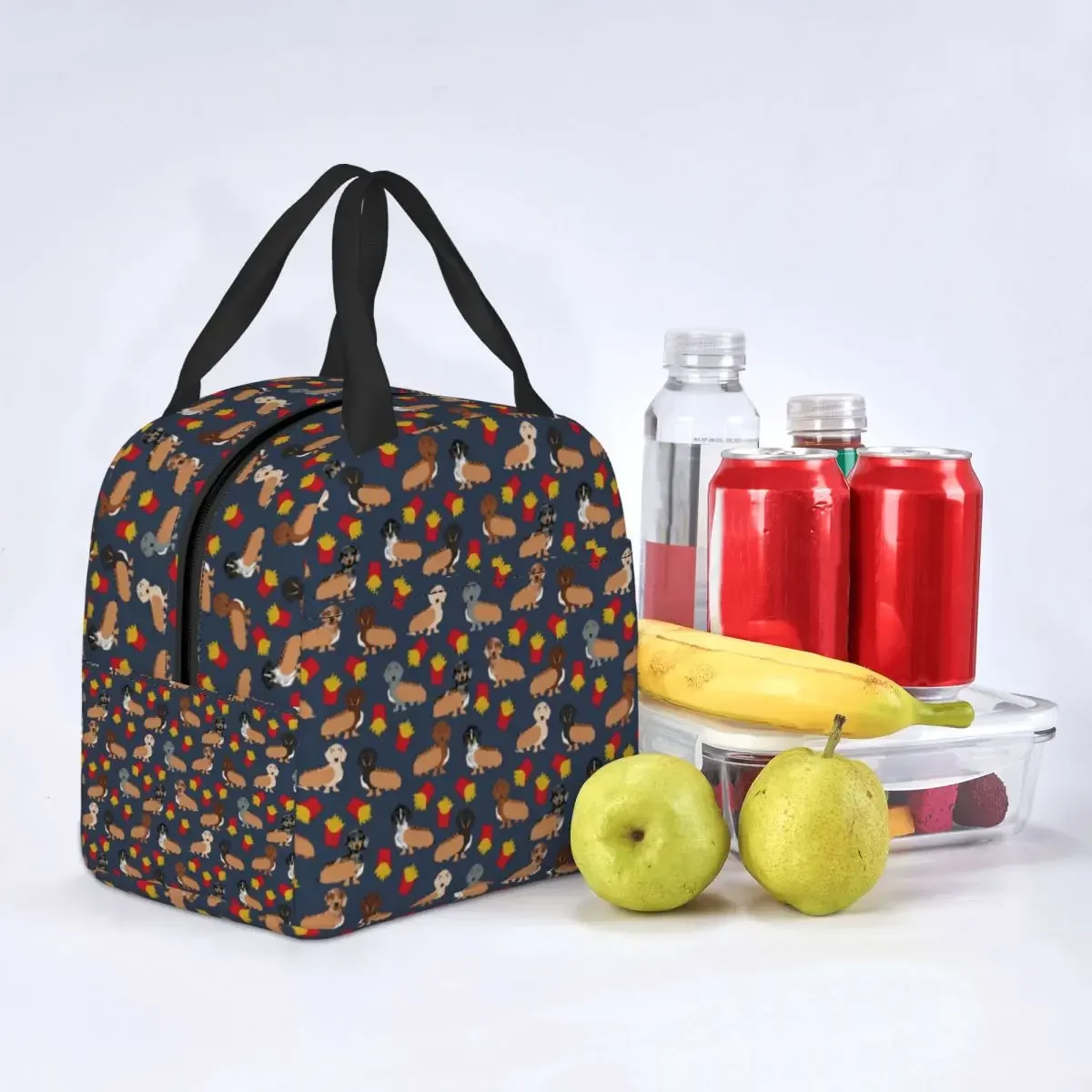 Dachshund And Fries Hot Dog Lunch Bag Portable Insulated Canvas Cooler Bag Animal Thermal Picnic Tote for Women Children