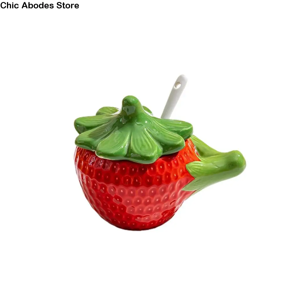 

Household Ceramic Strawberry Seasoning Jar Cartoon Japanese Style Spice Jar with Lid Condiment Can Sauce