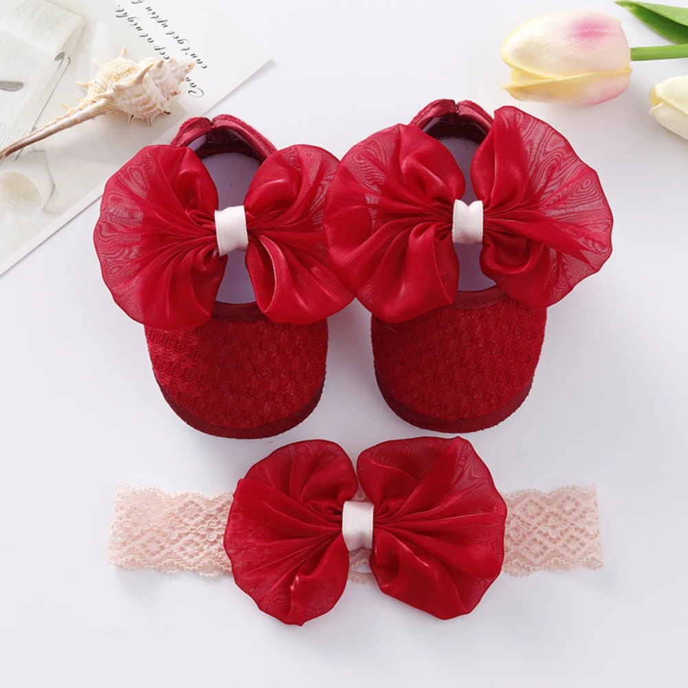 Cute Baby Girls Bowknot Princess Shoes Headband Set Spring Newborn First Walkers Infants Toddlers Soft Sole Anti-slip Shoes