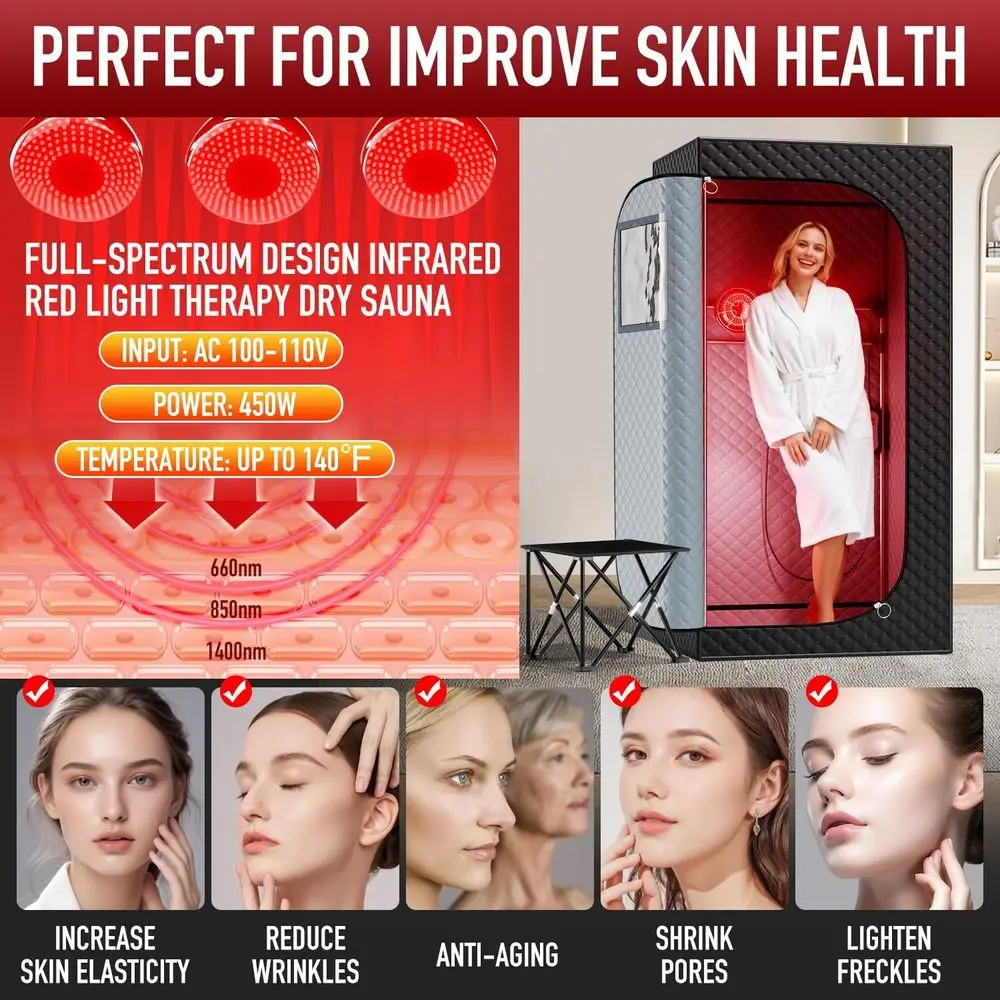 Portable Home Infrared Sauna Tent with 660nm & 850nm Red Light Therapy Bulbs for Personal Indoor Use