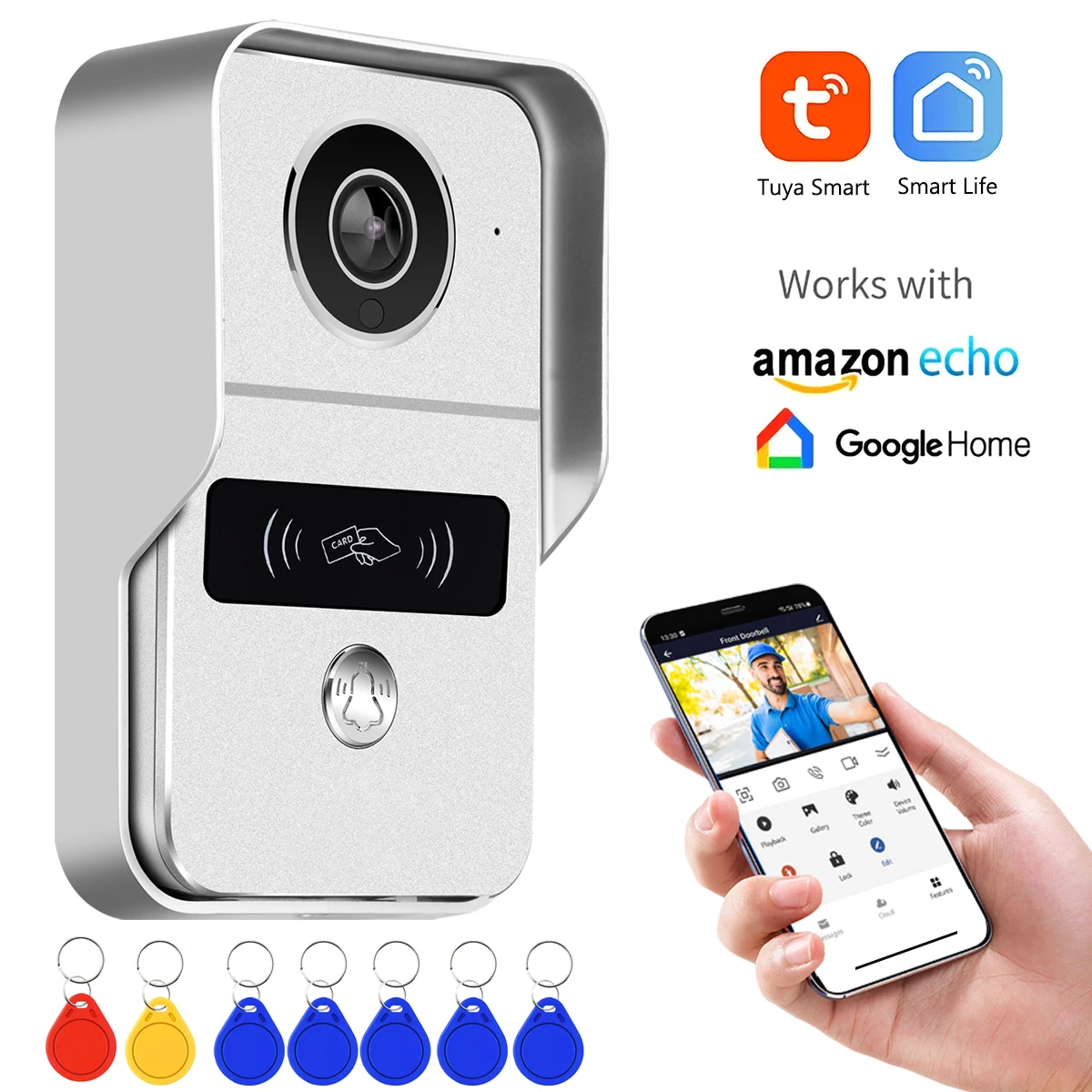 Timbre de puerta inteligente Tuya para el hogar, videoportero inalámbrico con cámara de 1080P, 2MP, WiFi, tarjeta de identificación