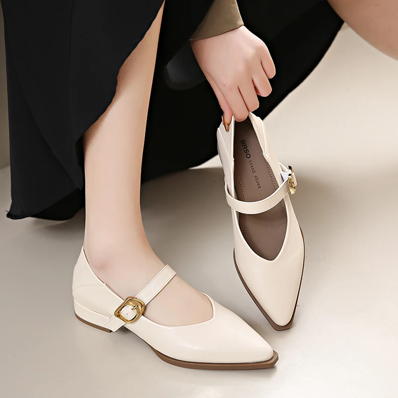 

Pointed Toe Women Loafers Black Brown White Casual Mules Shoes Belt Buckle Shallow Slip On Low Flat Heeled Party Pumps Size 43