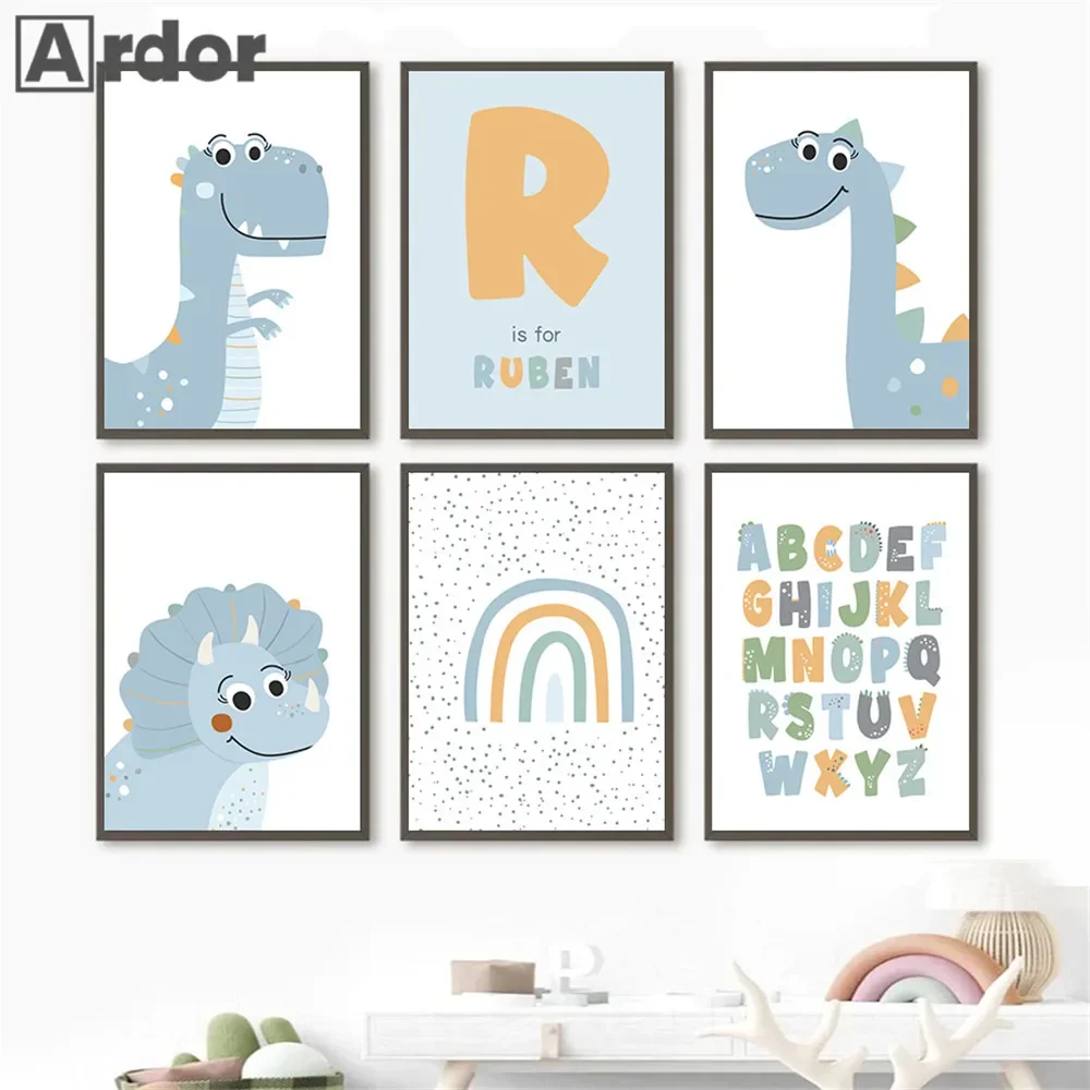 Blue Cartoon Dinosaur Poster Custom Name Wall Art Rainbow Canvas Painting Alphabet Print Nursery Wall Pictures Kids Room Decor