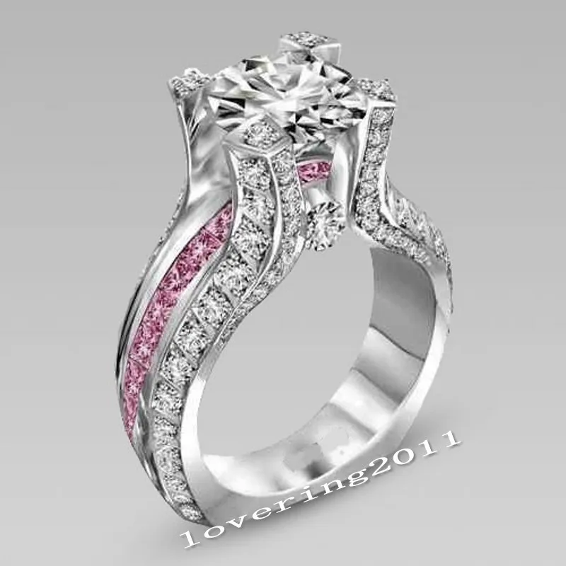 14K białe złoto w stylu Vintage dla miłośników różowego diamentowy pierścionek zestaw obrączek zaręczynowych dla kobiet mężczyzn biżuteria
