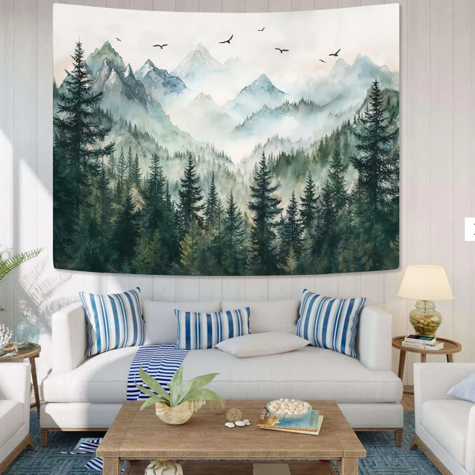 VIKAMA Natural Pine Tapestry Watercolour Mist Forest Bird Landscape Tapestry Living Room Dormitory Wall Hanging Home Decor