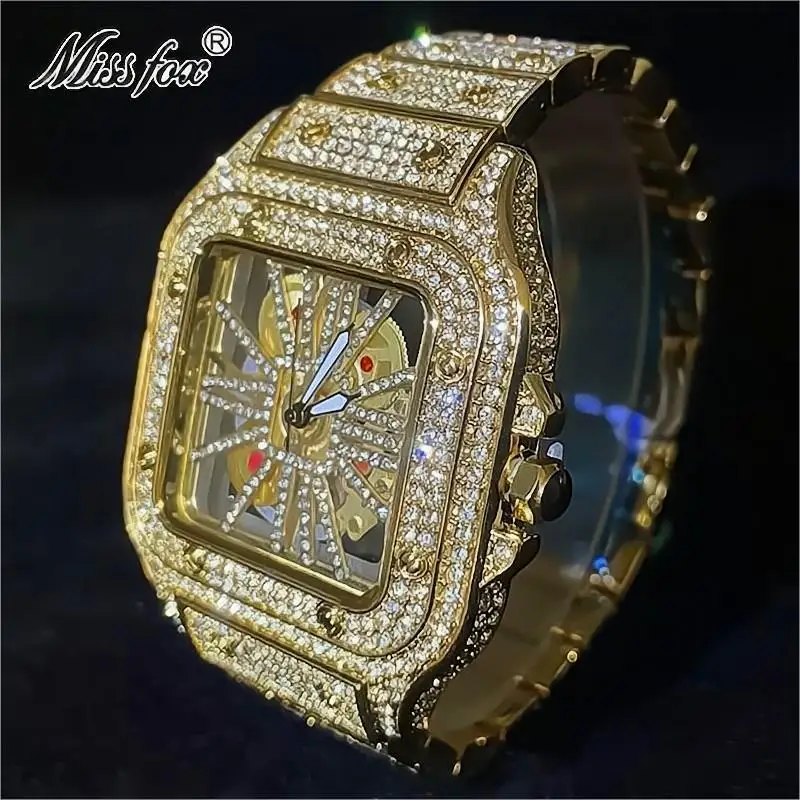 Imagem -04 - Missfox Relógios de Ouro dos Homens de Luxo Hip Hop Iced Diamante Quadrado Quartzo Relógio de Pulso Moda Oco Aaa Relógios à Prova d Água Mans Reloj