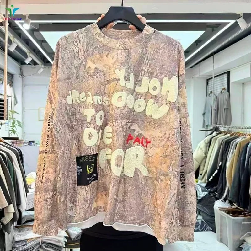 

Рваная футболка с длинными рукавами и камуфляжным принтом High Street, мужская и женская футболка премиум-класса в стиле хип-хоп большого размера