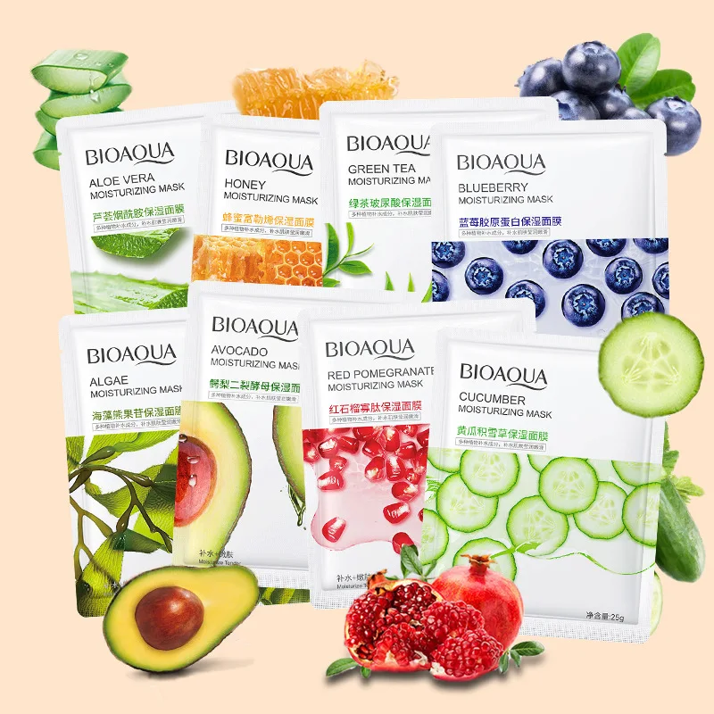 8 Stück BIOAQUA Obst-Gesichtsmasken, feuchtigkeitsspendend, feuchtigkeitsspendend, aufhellend, Anti-Aging-Gesichtsmaske, Blattmasken für die Gesichtspflege