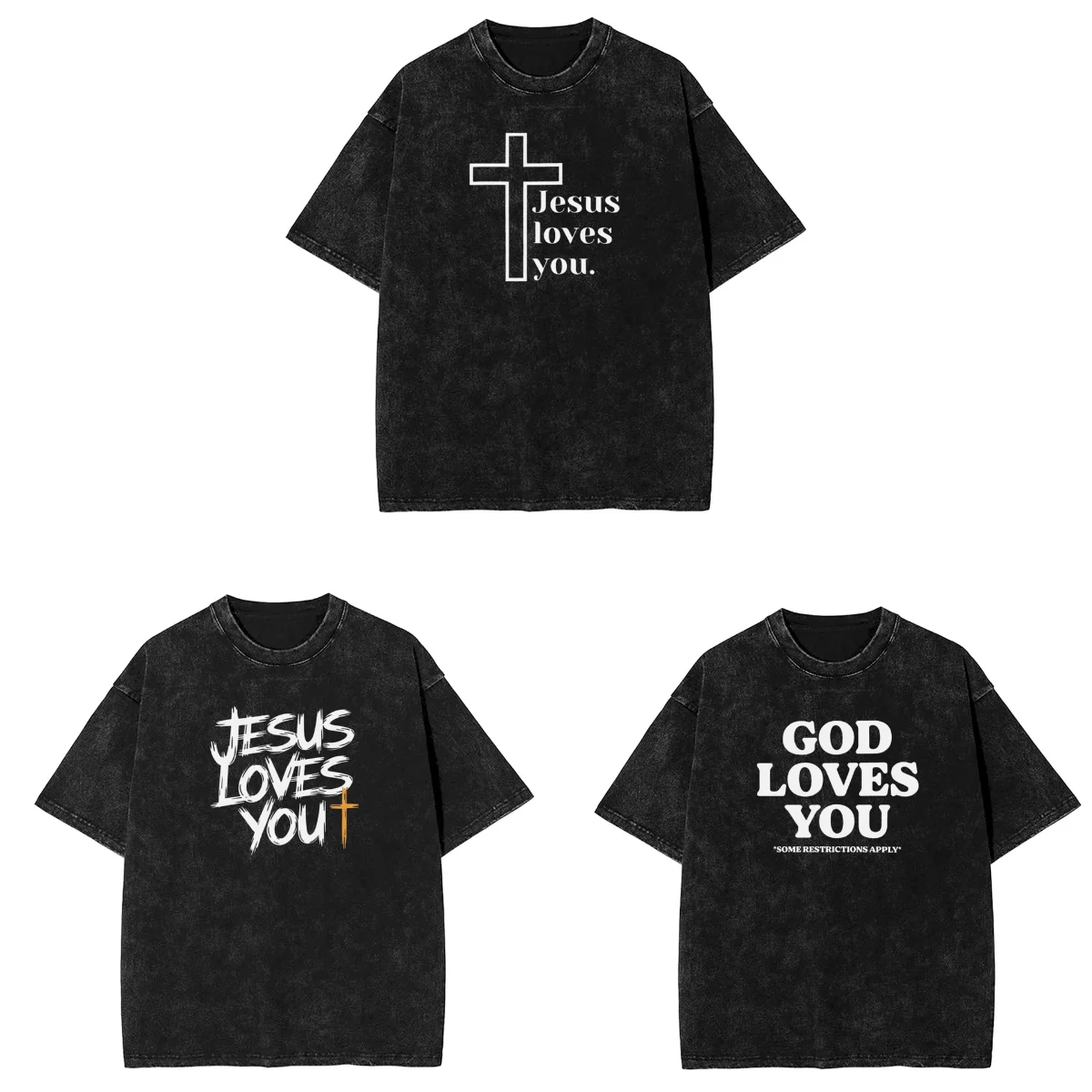 Vintage Washed T-Shirt Christian Jesus Good News God Loves You Loose T Shirts Hipster Tee Shirt for Male Classic Printed Tops