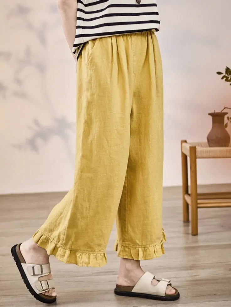 

Повседневные женские льняные брюки с кружевной отделкой и эластичным поясом, широкие, прямые, укороченные (до щиколотки), с высокой талией, из хлопка, новинка лета 2025