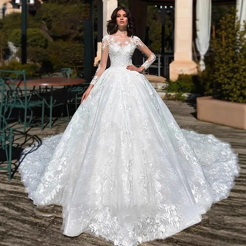 

2025 Vintage A-line Wedding Dress Scoop Long Sleeves Flower Lace Appliques Beads Open Back Bridal Bride Gowns Vestidos De Noiva