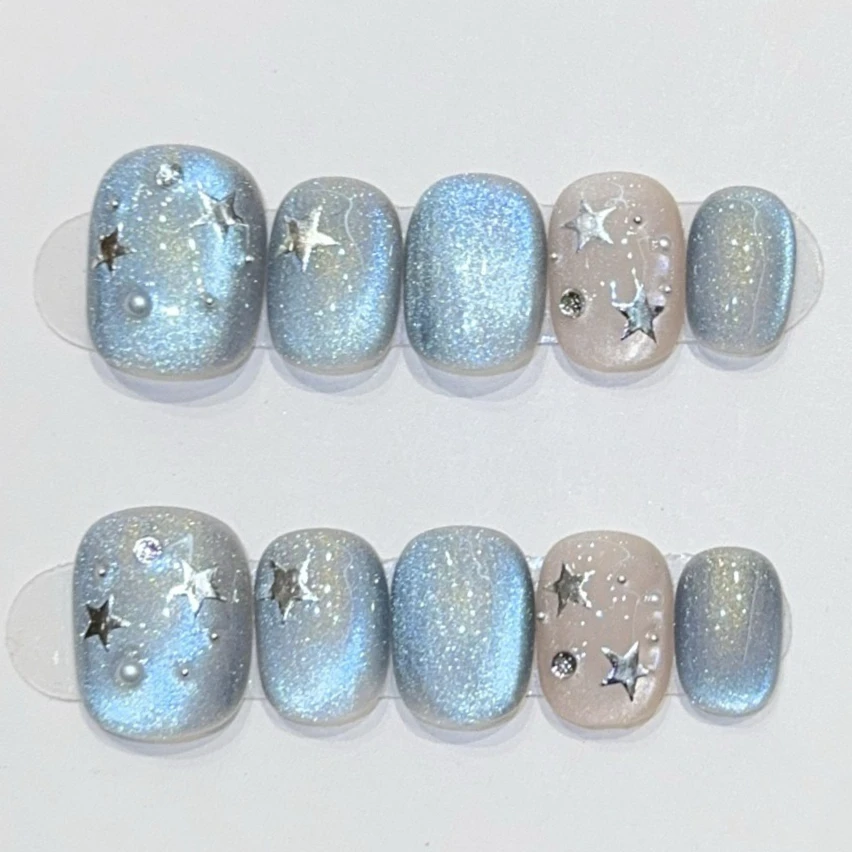 10Pcs Cat Eye Short Handmade Press On Nails Full Cover Rhinestone Butterfly Design Pink False Nails Manicure Wearable Nail Tips
