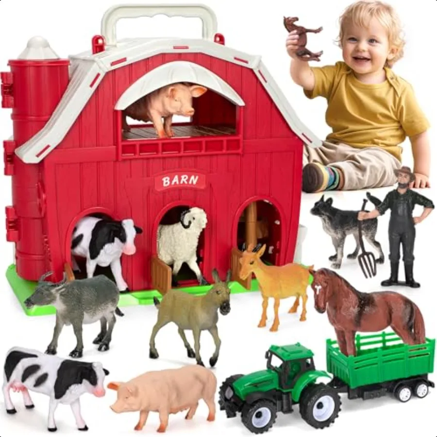 

Farm Animals Toys for 1 2 3 4 5 Year Old Toddlers Girls Boys Big Red Barn Farm Playset with Figures Animals and Tractor Toy for