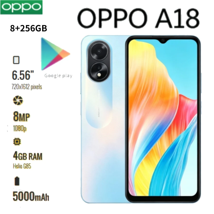 2026 Global Edition OPPO A18 4G Smartphone, 6.56-inch 90Hz display, 8+256GB storage, 5,000mAh battery, 15W fast charging
