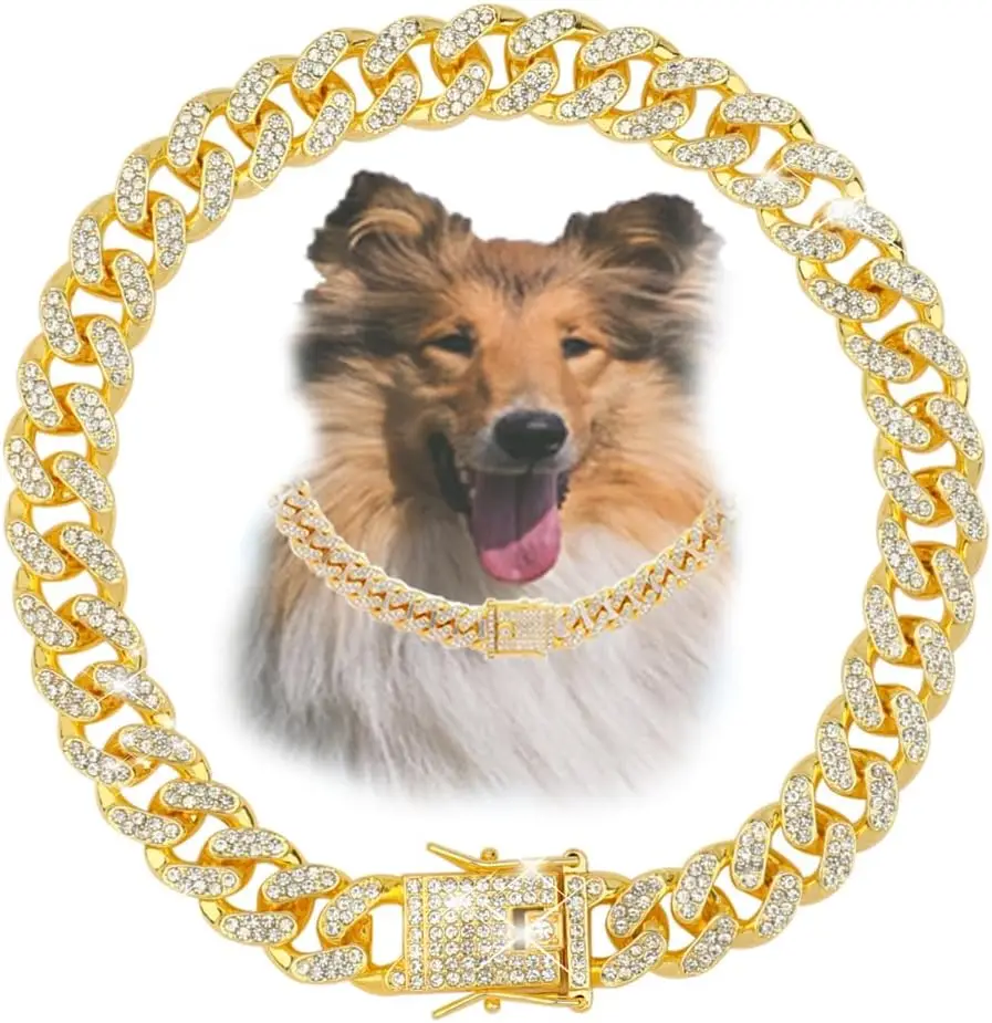 Fashion Jewelry Accessories Luxury Gold Cuban Chain Necklace Rhinestone Dog Collar for Small Medium Large Dogs French Bulldog