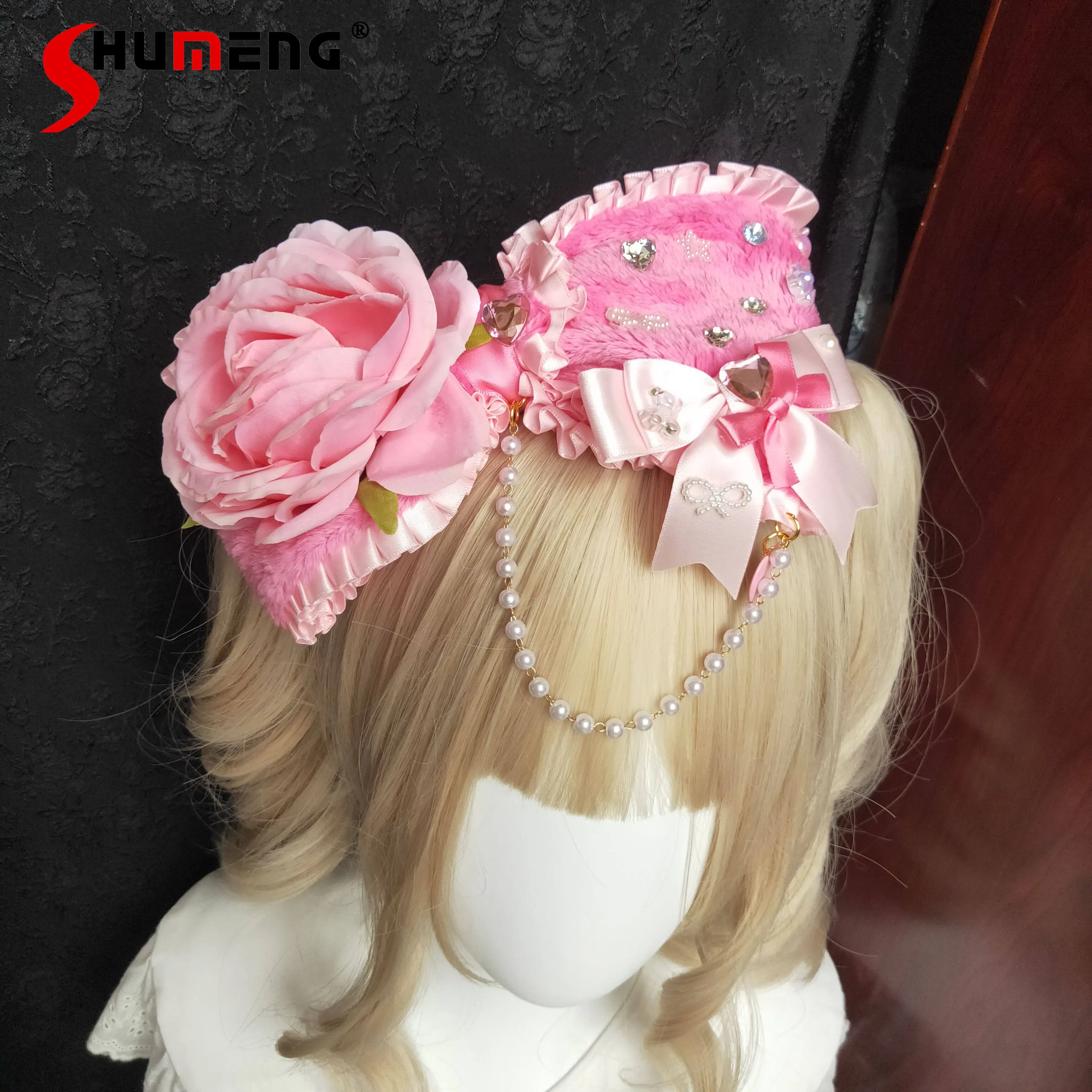 

Sweet Lolita Women's Hairpin Hair Accessories Original Japanese Design Handmade Sweet Bow Lace Pearl Chain Hairpin Necklace