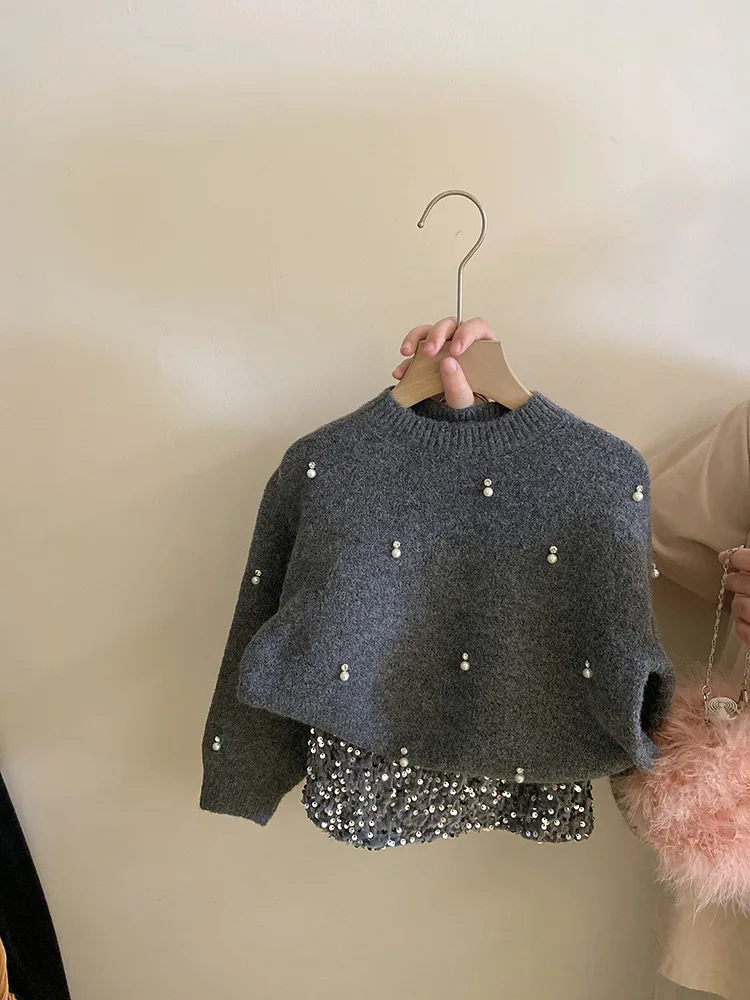 Jupe courte à paillettes avec perles et biscuits pour enfants, pull élégant, vêtements mounommée, nouvelle mode, automne, 2022