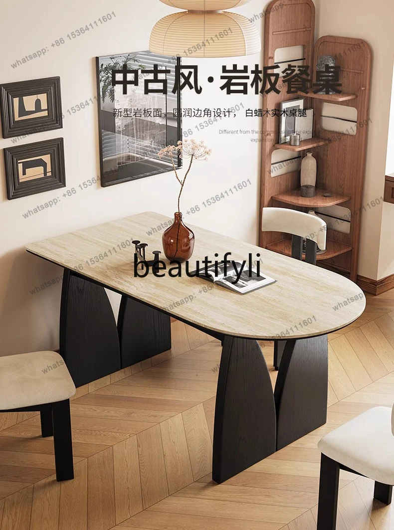 French retro cream wind rock slab dining table ash wood semicircle against the wall dining table living room dining table