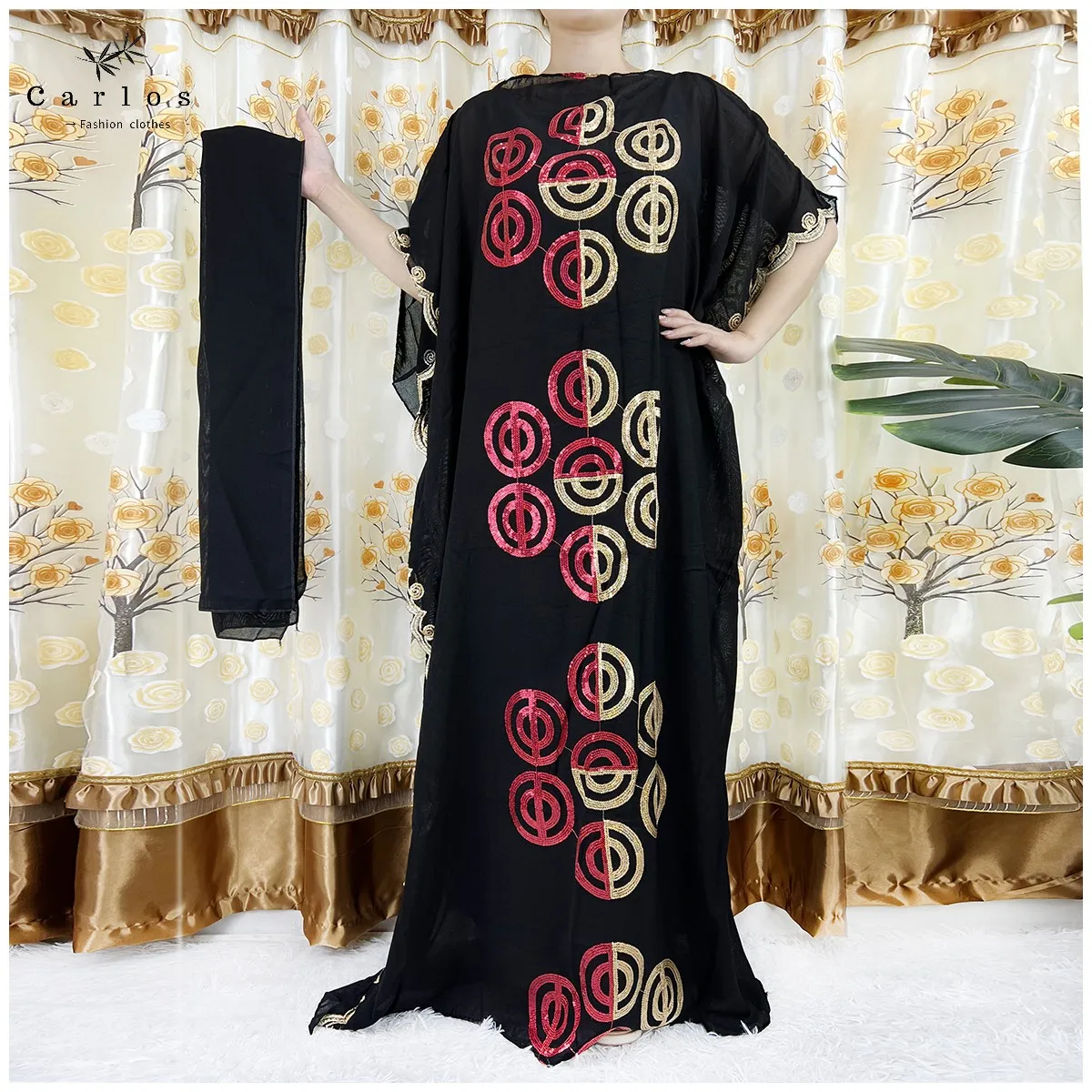 2022 New Women Muslim Sequin Embroidery Long Black Lady Clothes Fashion New Arrival African Embroidery Flower Dresse With Scarf