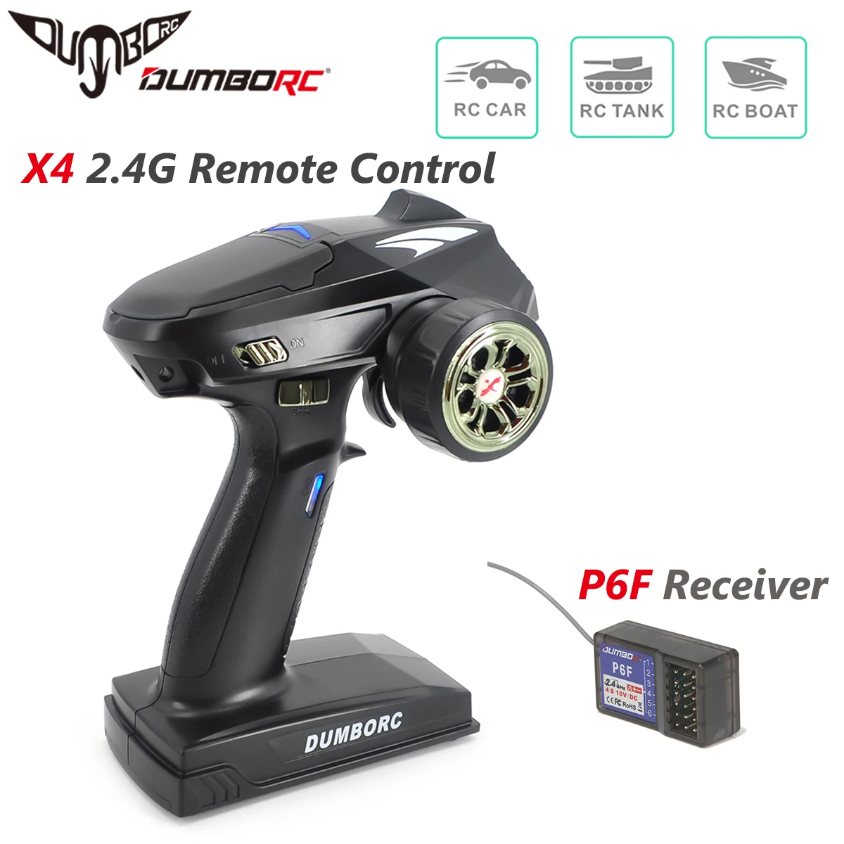 DUMBORC X4 2.4G 4CH送信機リモートコントロール、6チャンネルP6F受信機無線システム付き、RCカー、クローラー、ボート、戦車モデルパーツ用