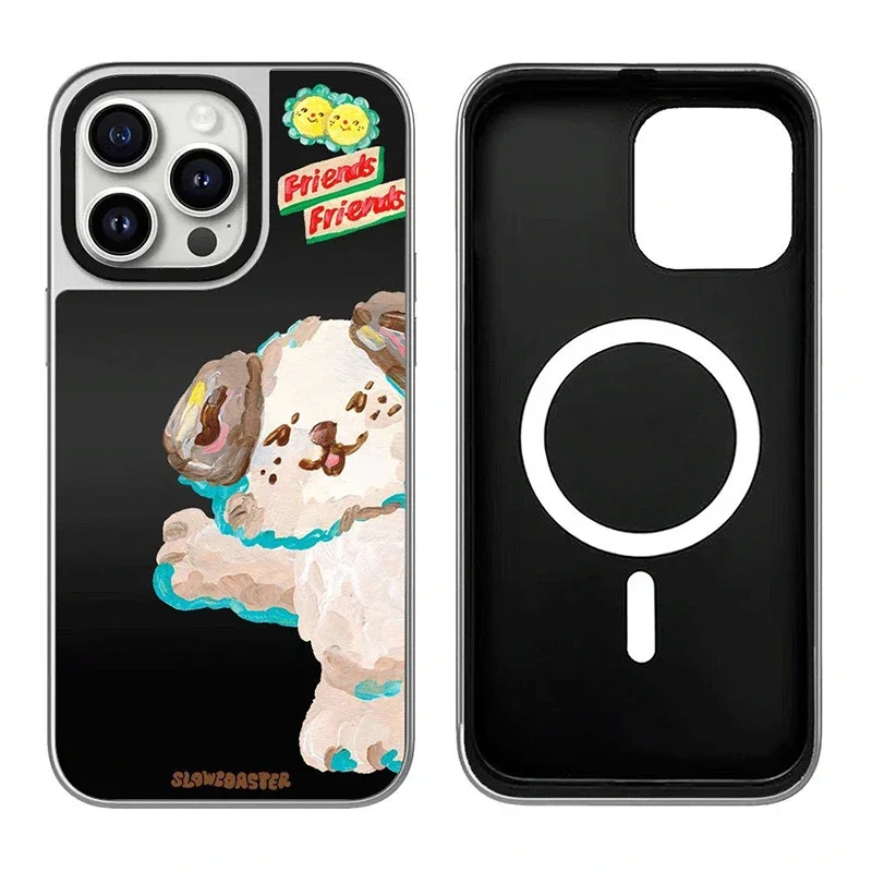 

Oil Painting Dog Black Silver Border iPhone 12 13 14 15 16 Pro Max Mirror Surface MagSafe Case Cover Shell