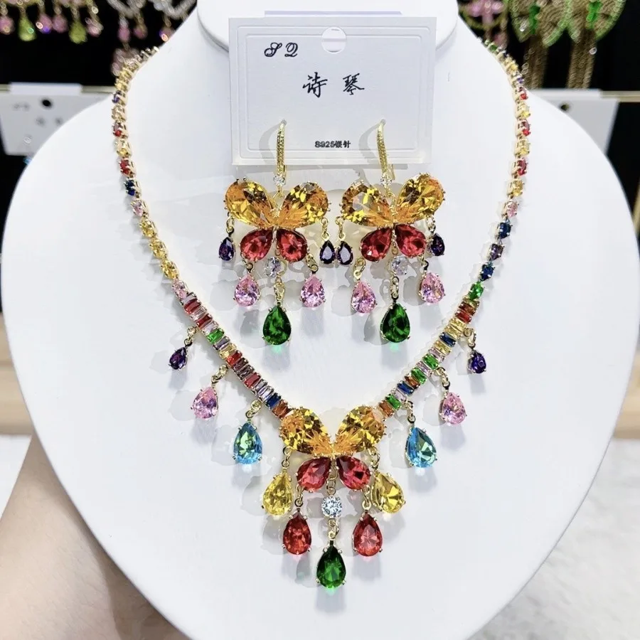

Luxury Bridal Butterfly Jewelry Set Handmade CZ Cubic Zirconia Necklace Earrings Set S925 Post Wedding Engagement Jewellery K088