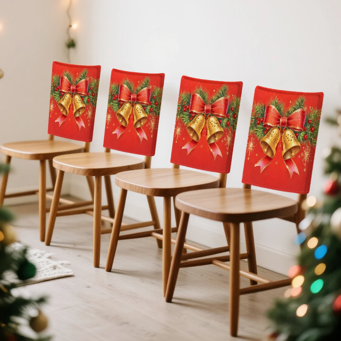 Christmas Pine Needle Bell Chair Cover Slipcovers Set of 2/4/6 100% Polyester Dining Room Office Banquet Chair Protective Cover