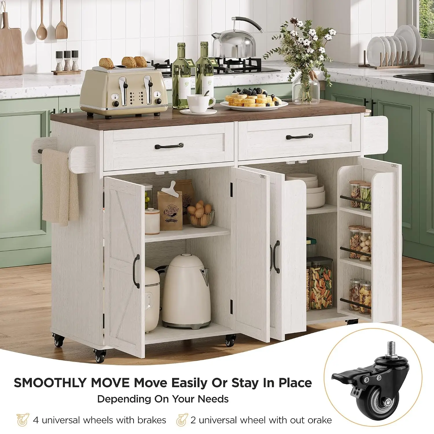 Farmhouse Buffet Cabinet with Charging Station, Mobile Kitchen Island Cart with Spice Rack & Towel Rack, White, Customized
