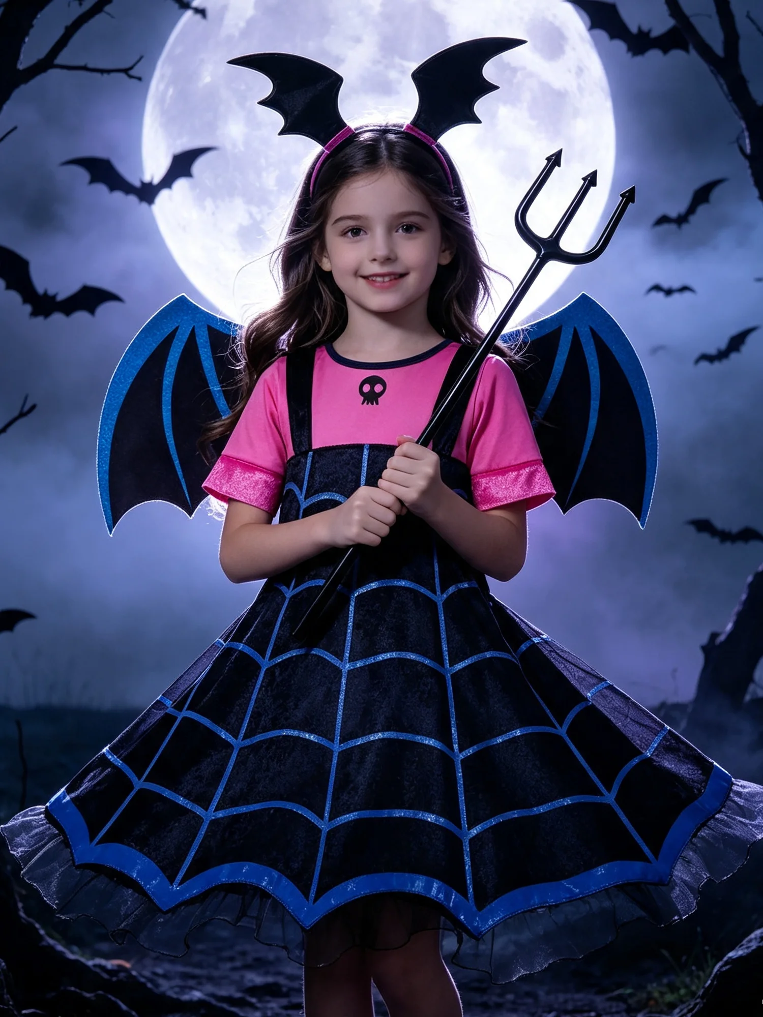 Halloween costume, girls' dress, Gothic vampire bat princess dress, role-playing costume, headband set