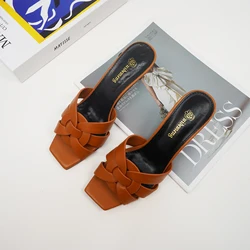 Summer Plus Size 35-44 Fashion Women's High Heels Leather Open Toe Square Head Fish Mouth Shoes Elegant Party Slippers