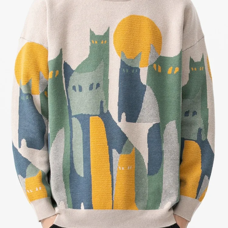 Nuevo suéter de punto de otoño para hombre, jersey con gráfico de gatos de estilo coreano con cuello redondo, Tops cálidos de alta calidad para invierno, suéteres negros 2025