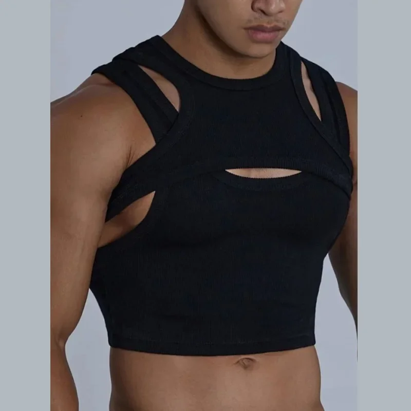 Men Inner Street Fashion Sexy Irregular Vest Sling Vest Men's Two-piece Set Tank Top Solid Color