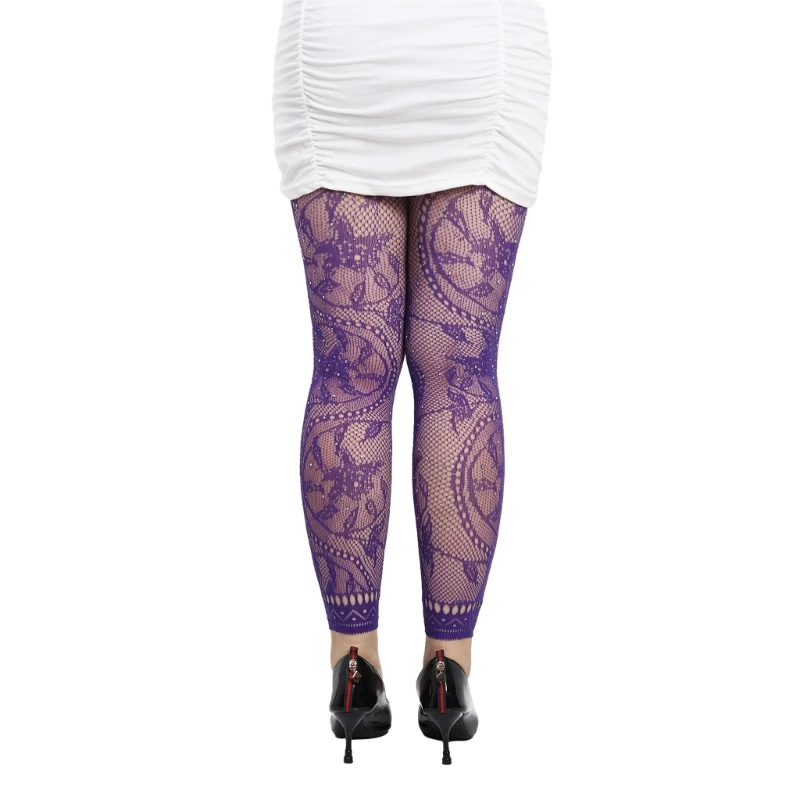 Women Fishnet Ankle Tights Floral Patterned Footless Lace Pantyhose Glitter Rhinestones Dark Alternative Mesh Leggings