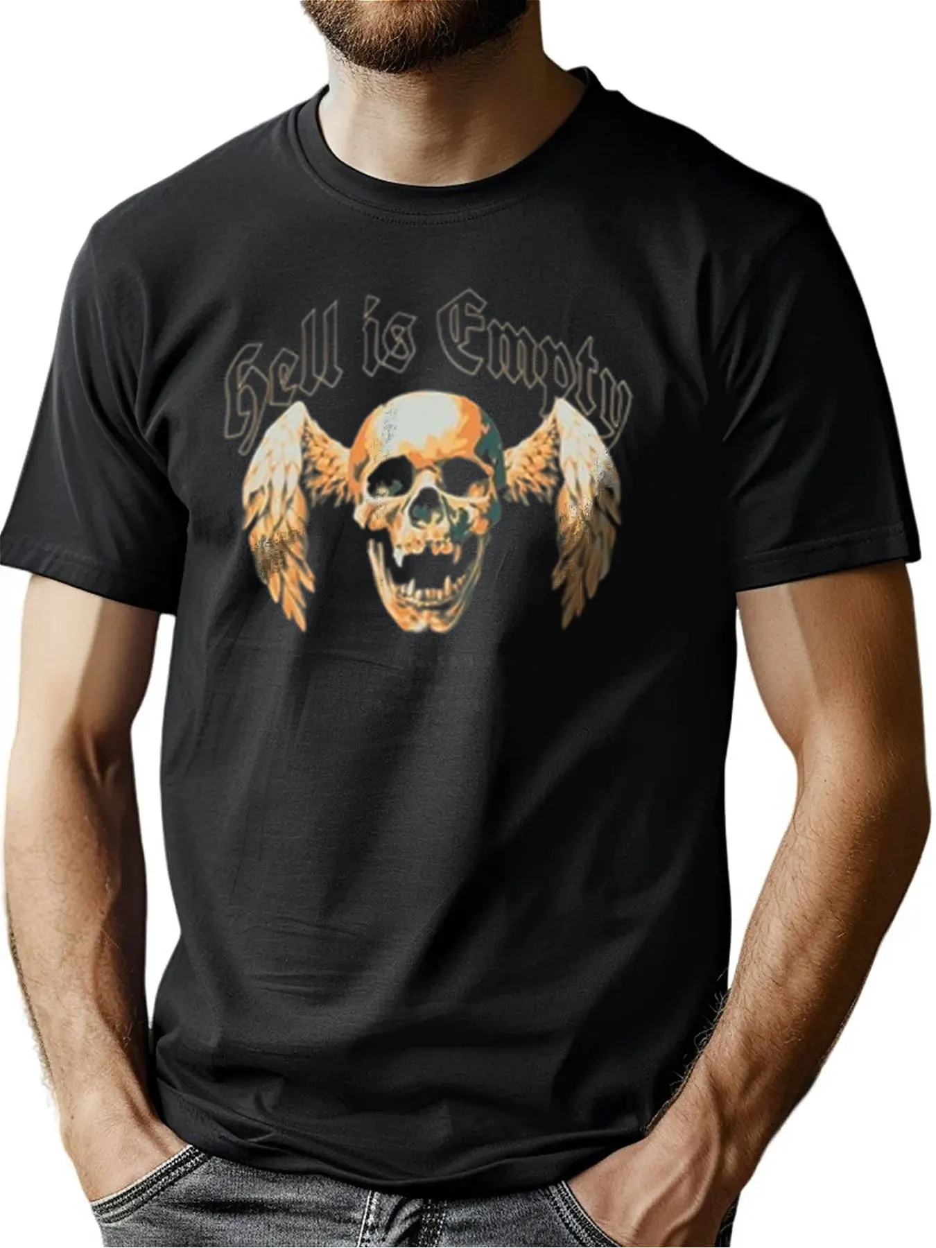 

Men's Premium Cotton Crew Neck Tee With "Hell Is Empty" Skull And Wings Print, Soft Casual Shirt For Outdoor Wear, Christmas Gi