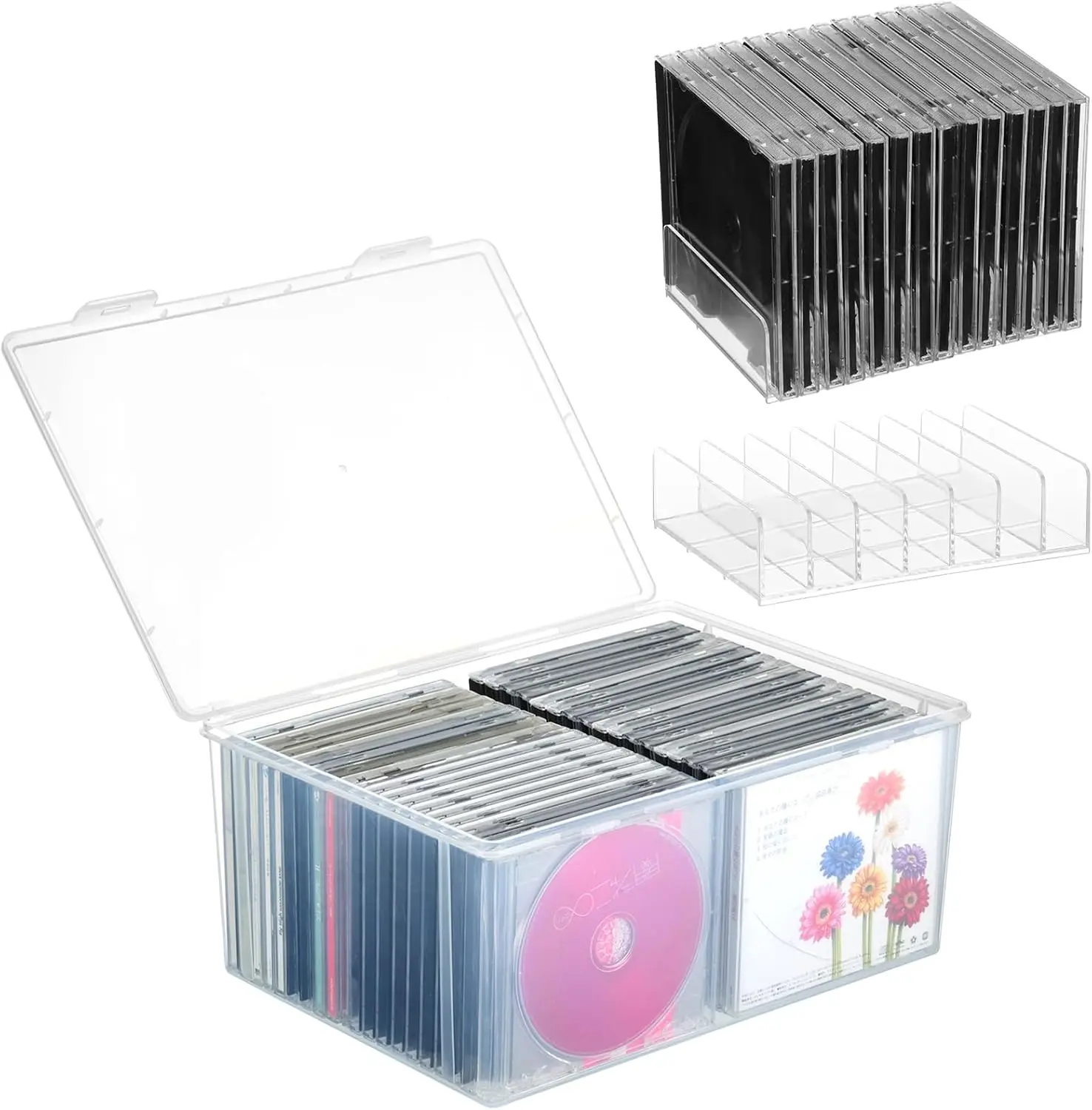 

3 Pack Clear Plastic CD Organizer Include 1 CD Storage Box and 2 7-Compartment CD Storage Organizer Holder Stackable CD Display