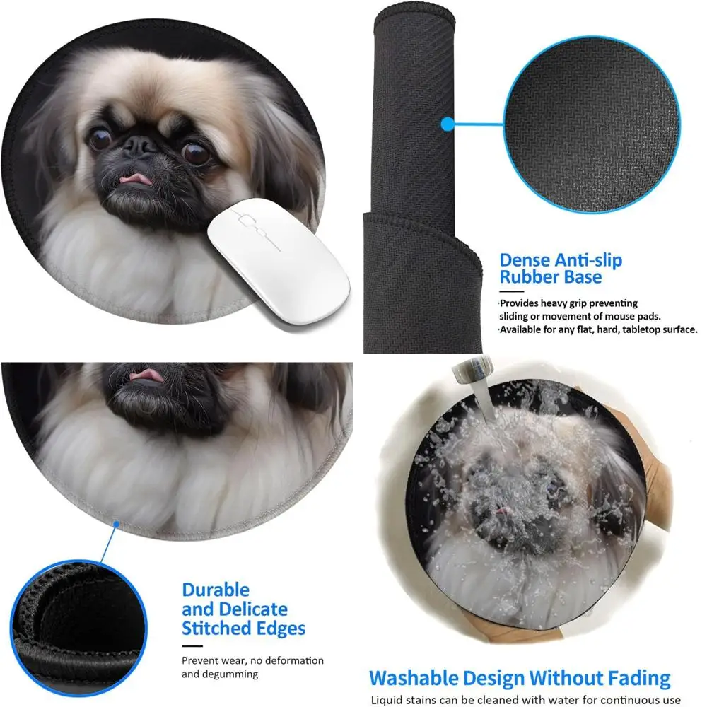 

8 Inch Pekingese Dog Patterned Gaming Mouse Pad with Stitched Edges and Non-Slip Rubber Base, Waterproof Computer Mouse Mat