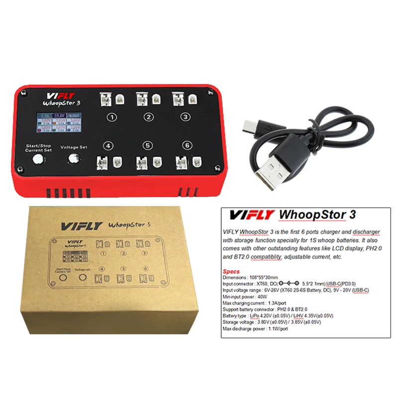 vifly-whoopstor-3-v3-6ポート-1s-lipo-lihv-バッテリー充電器-放電器-保管器-lcd-type-c-dc-tx60-rc-fpv-bt20-ph20対応