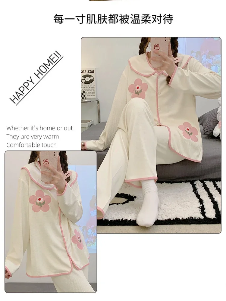 Spring and Autumn Large Size Pajamas Women\'s Sweet Ins Cardigan Trousers Home Clothes Loose Loungewear Set Can Be Worn Outside