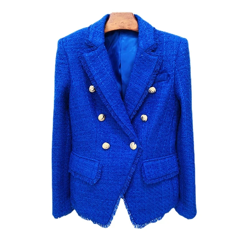 

Women's Modern Metal Lion's Head Buckle Blazers, Spring Autumn Women's Clothing Trend, Tweed Wool Slim Fit Blazer, Blue, 2024