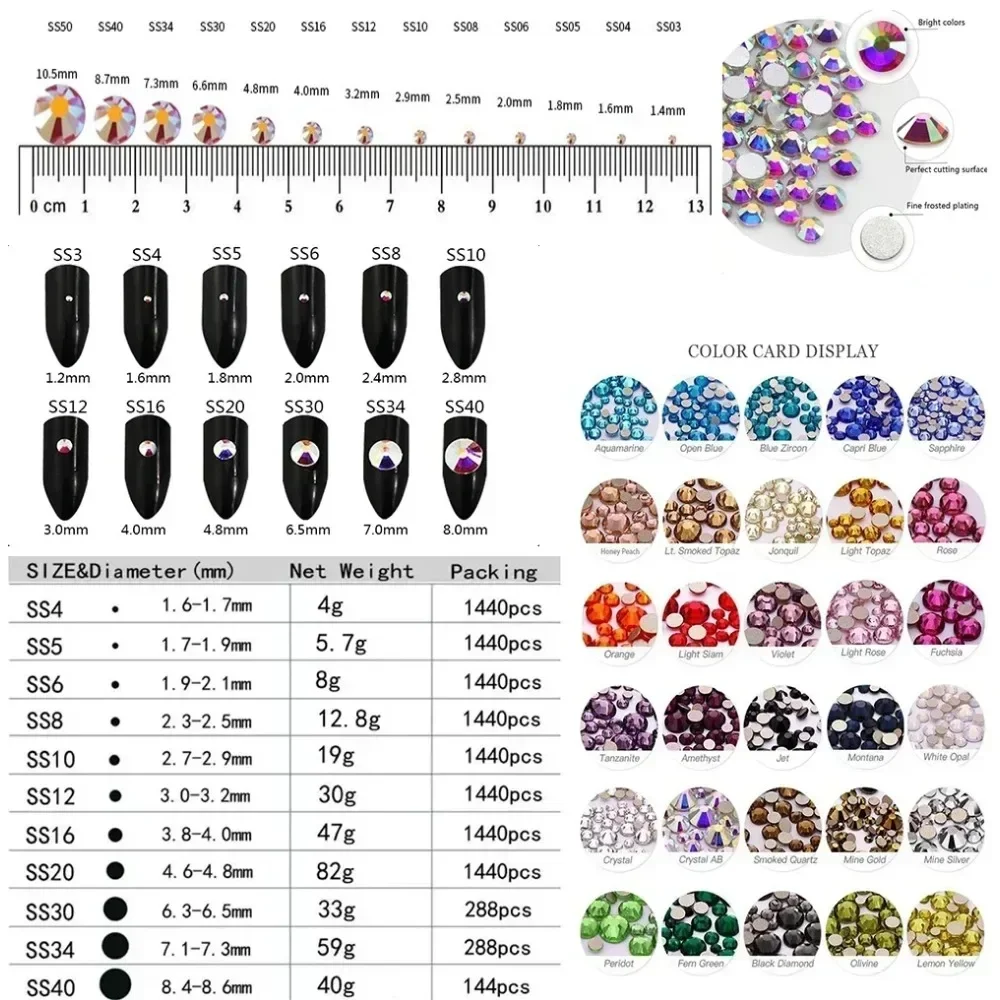 SS3-SS34 1440PCs Nero Jet AB 3D Nail Art Strass Flatback Non HotFix Strass Per unghie gemme Decorazione Abito Da Sposa 067