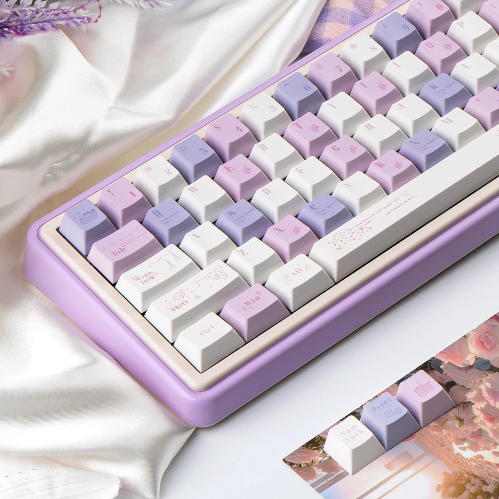 Grape Mousse Key Caps 130 Keys Cherry Profile PBT Dye Sublimation Purple Peripheral Keycaps for Mechanical Keyboard Accessories